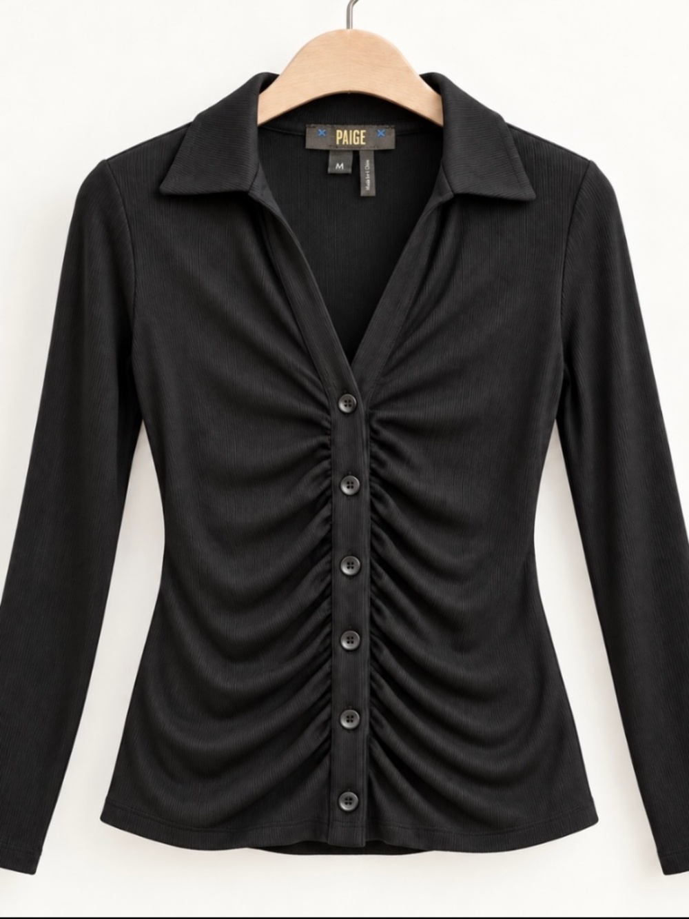 PAIGE Ribbed Black Ruched Button-Front Collared Collared Top — Size L - Picture 2 of 4